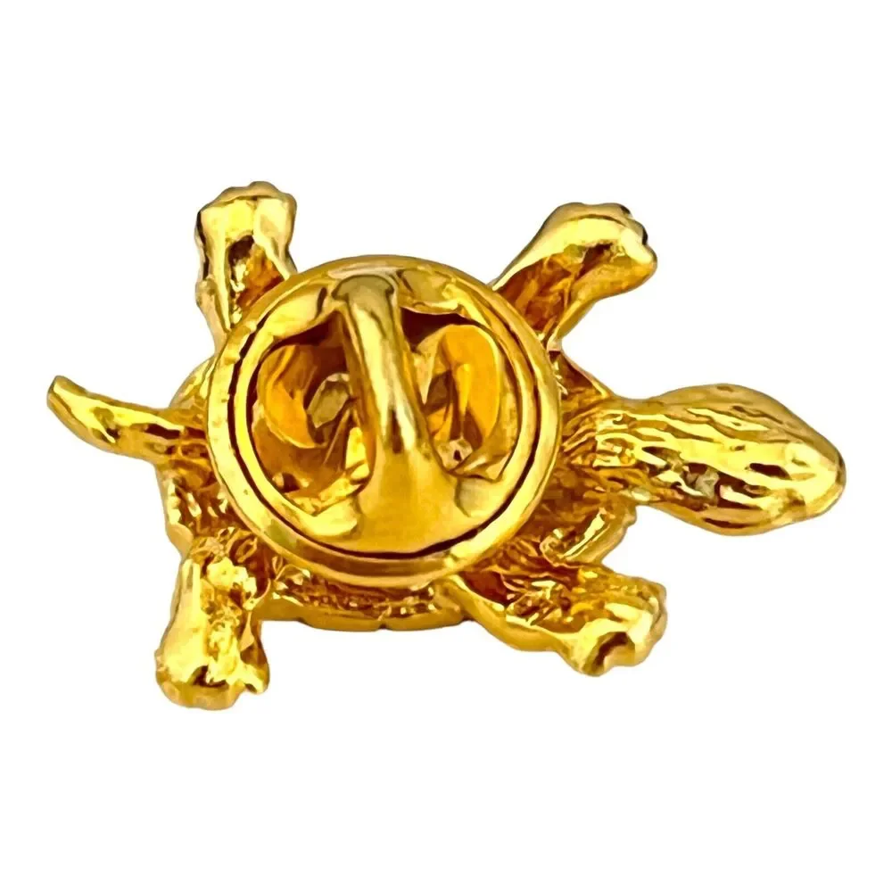 Vintage 1980s Turtle Tac Pin Rhinestone Eyes Gold Tone Figural - 5K